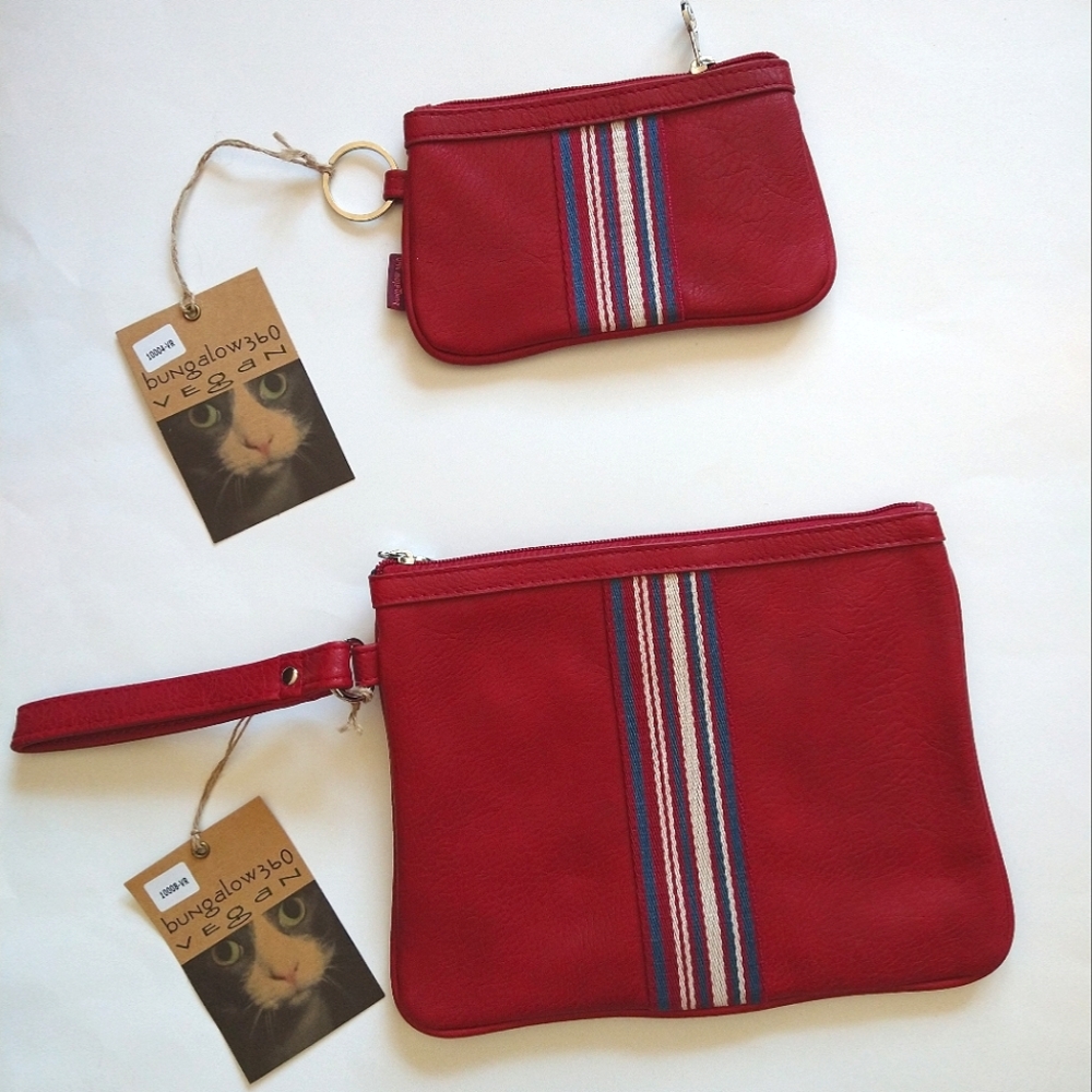 Bungalow 360 Vegan Women Red Faux Leather Wristlet BAG & POUCH Lined Pockets NWT